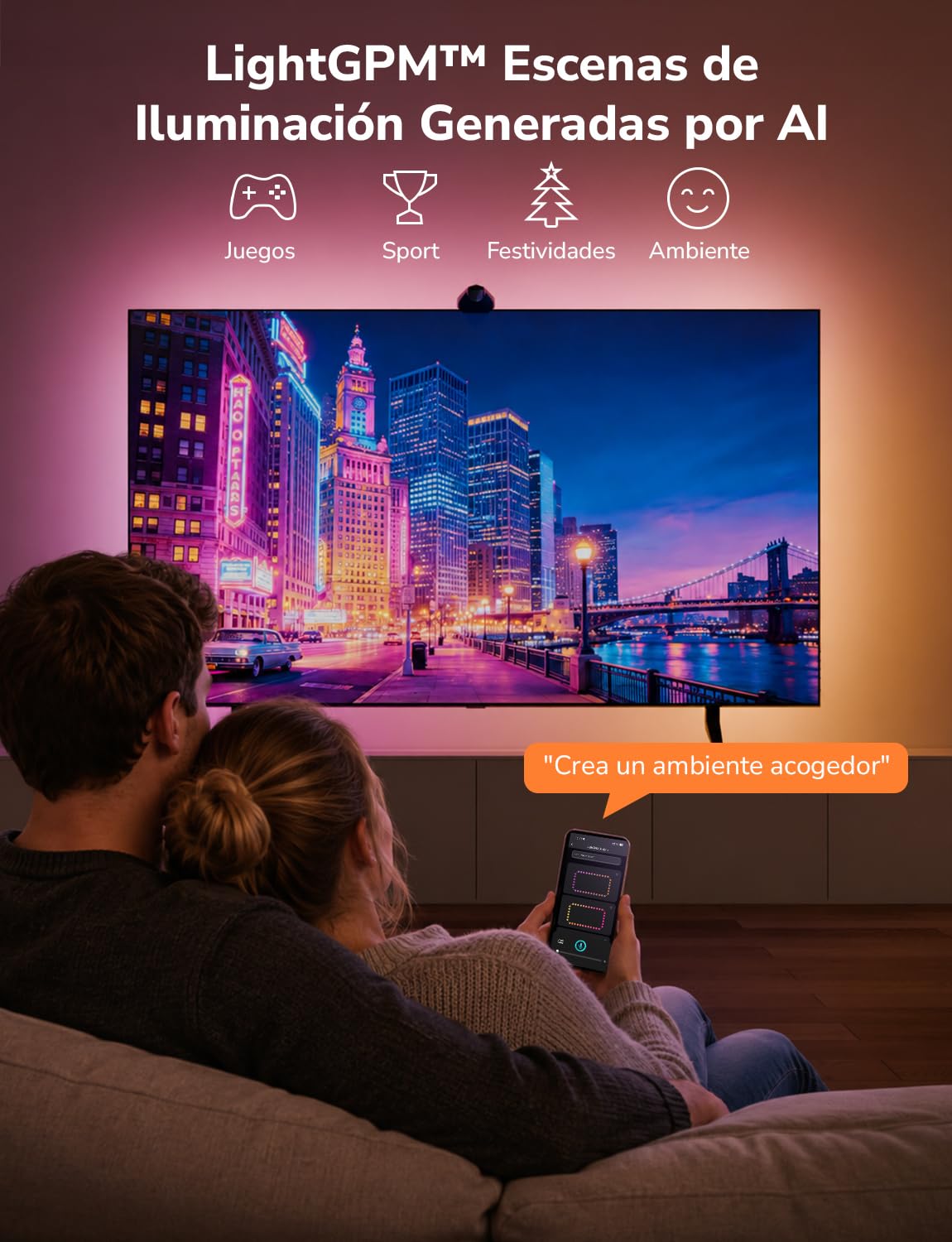 Lepro STV1 AI Tira LED TV Backlight con Cámara,3.6m para TVs 55-65 Pulgadas | Sincronización Pantalla y Música, Funcion con Alexa/Google Home, Retroiluminación RGB+IC para Juego, Películas, Adaptador