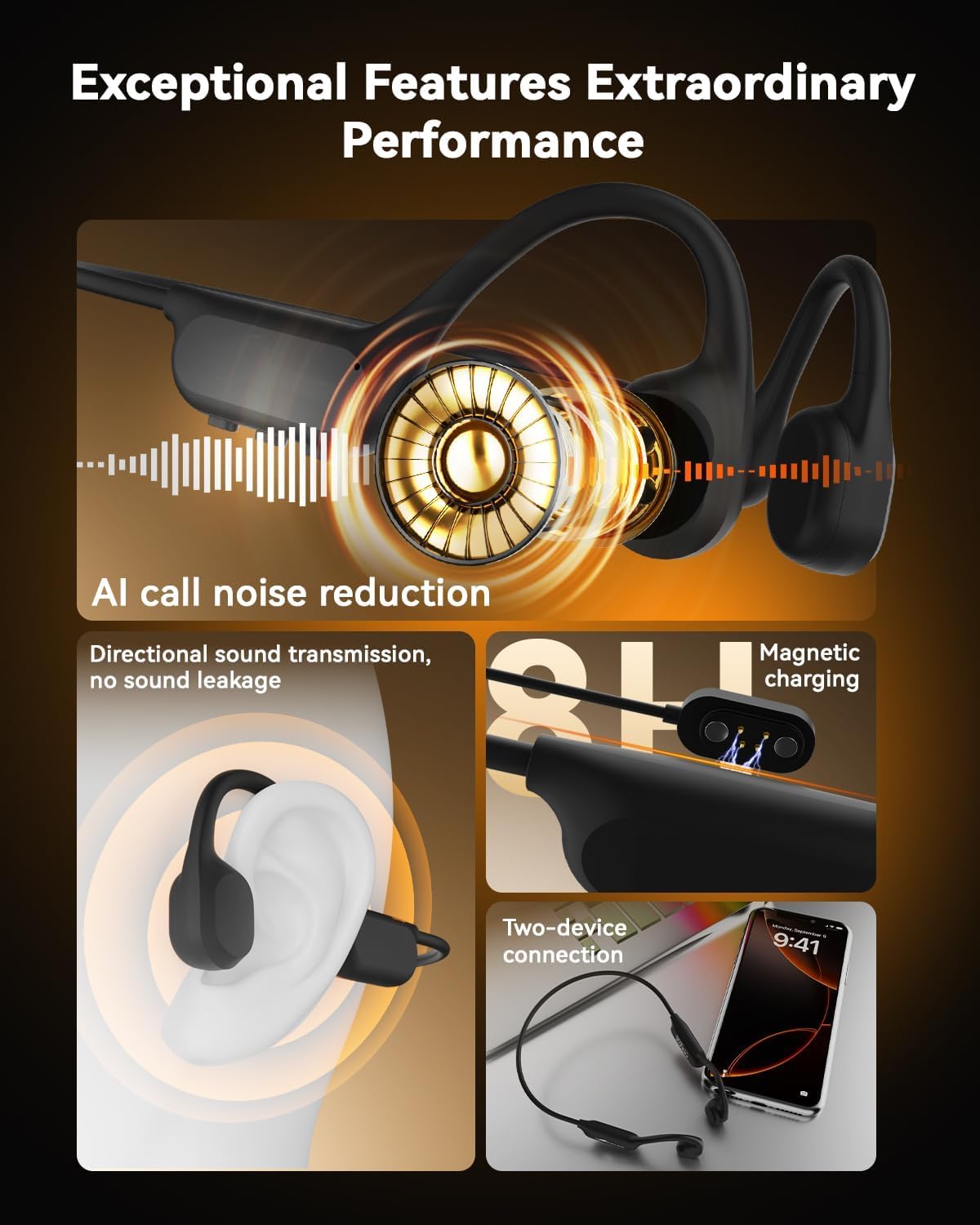 ANSTEN Casque Conduction Osseuse Bluetooth 6.0, Étanche IPX8 Écouteur Conduction Osseuse avec Réduction de Bruit AI, Casque sans Fil Oreille Ouverte pour Course, Cyclisme