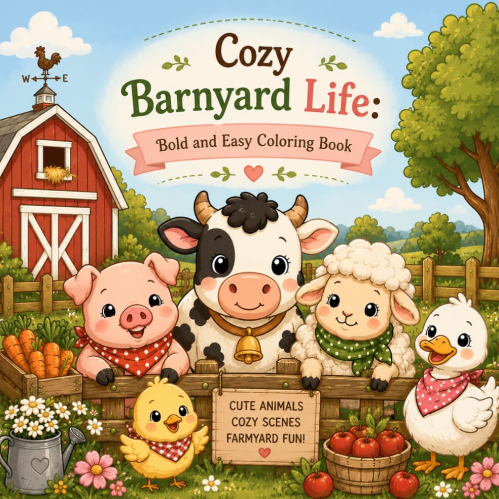 Cozy Barnyard Life: Bold and Easy Coloring Book with Cute Farm Animals and Rustic Scenes