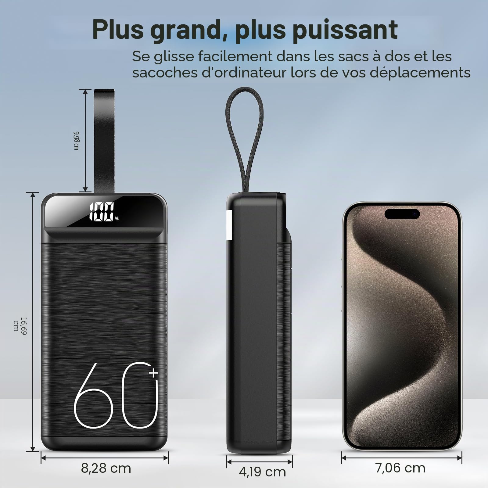 Power Bank 60000 mAh 22,5 W Charge Rapide Chargeur USB-C Charge Rapide avec 4 sorties et 3 entrées, Écran LED Grande capacité Batterie externe pour la plupart des appareils électroniques