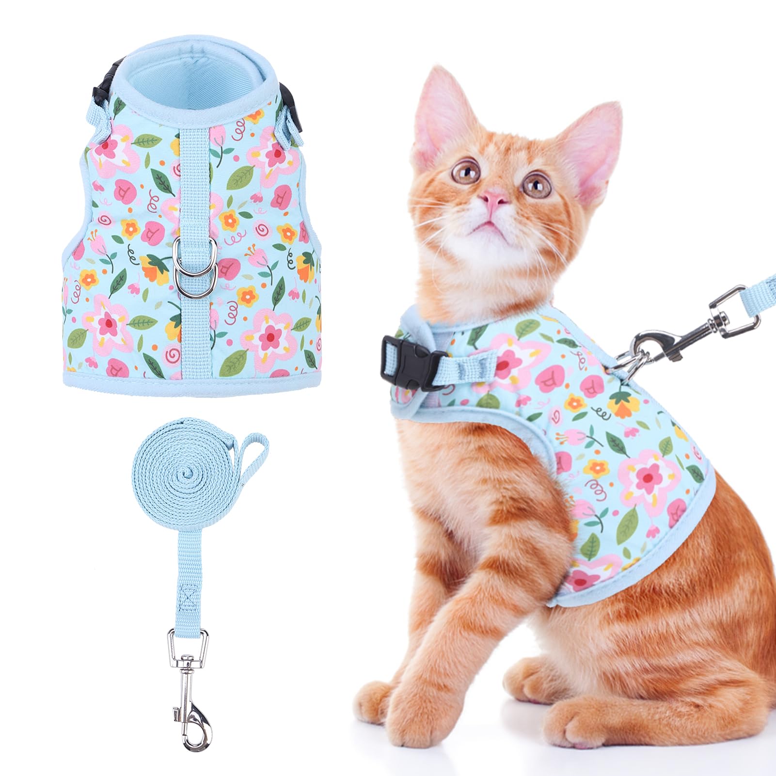 BINGPET Cat Harness and Leash Set Escape Proof for Walking,Step-in Harness with Lightweight Soft Breathable Mesh,Adjustable Easy Control Harness for Kitten Puppy Small Medium Large Cats(Flower,M)
