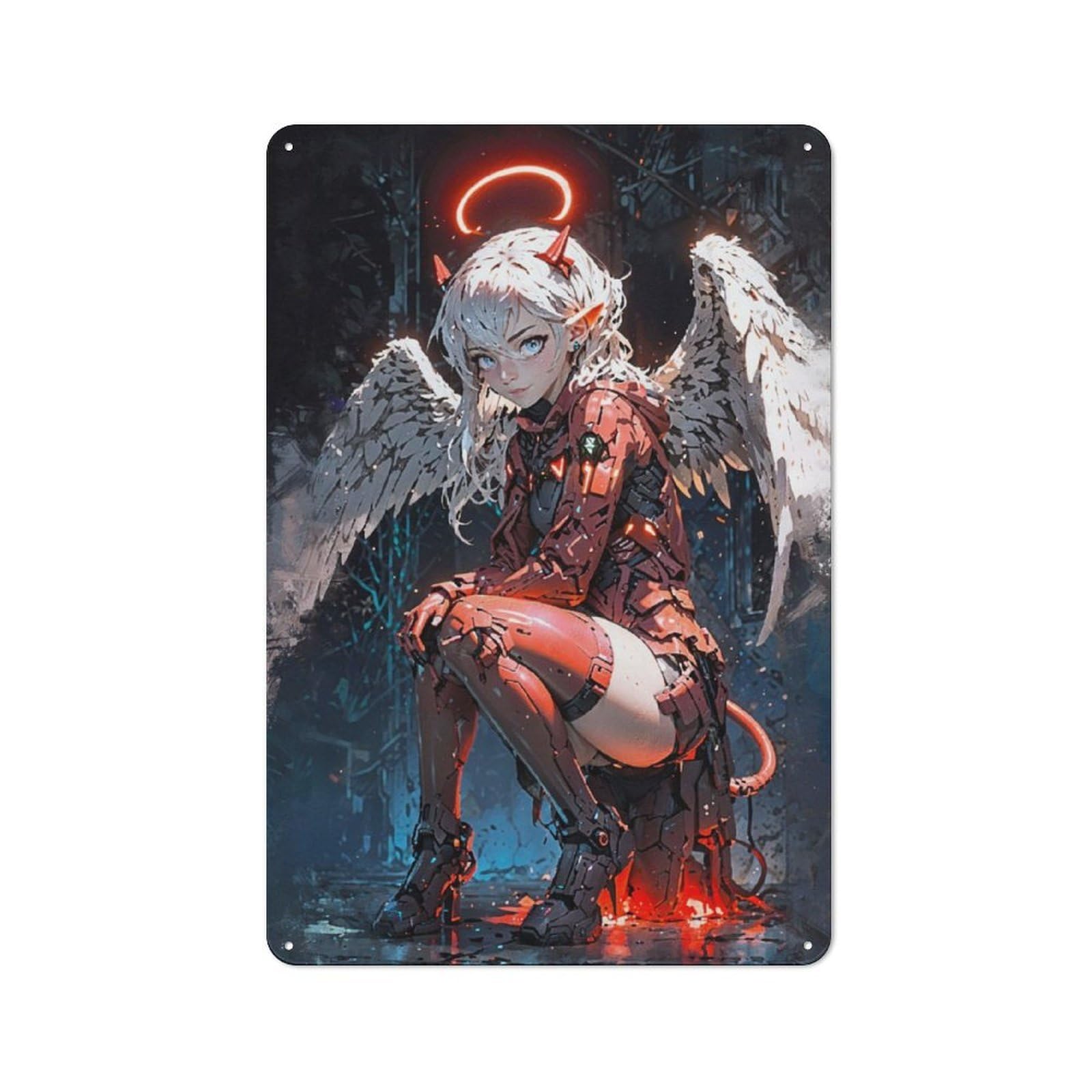 Junmoney Angelic Duality Decorative Metal Plaque With Design 30X20cm, Casual Utility Space Decor For Patio Bar, Workshop, Shed Or Kitchen