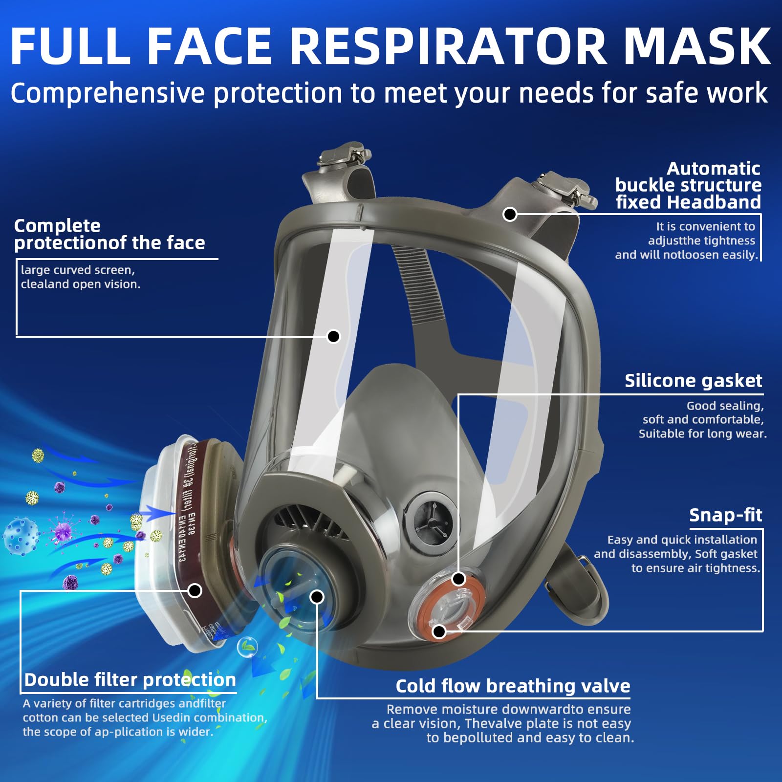 Maschera antipolvere con filtri, maschere di protezione respiratoria riutilizzabile, 6800 Maschera a gas di prodotto chimico per pittura, lavoro, levigatura, graffiti
