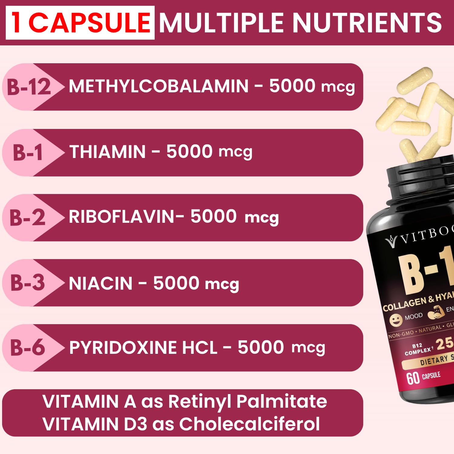 Vitamin B12 with Hyaluronic Acid and Collagen - 25000 mcg B12 Complex, 60Ct — Amazon image 5