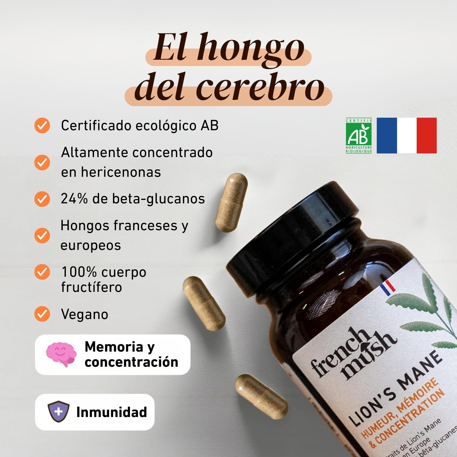 French Mush Funghi Lion’s Mane Bio 8000 mg - 56 Cápsulas Veganas - Para el Cerebro, el Bienestar y el Estado de Ánimo - 1-2 Cápsulas al Día - Extracto de Hericium Testado en Laboratorio