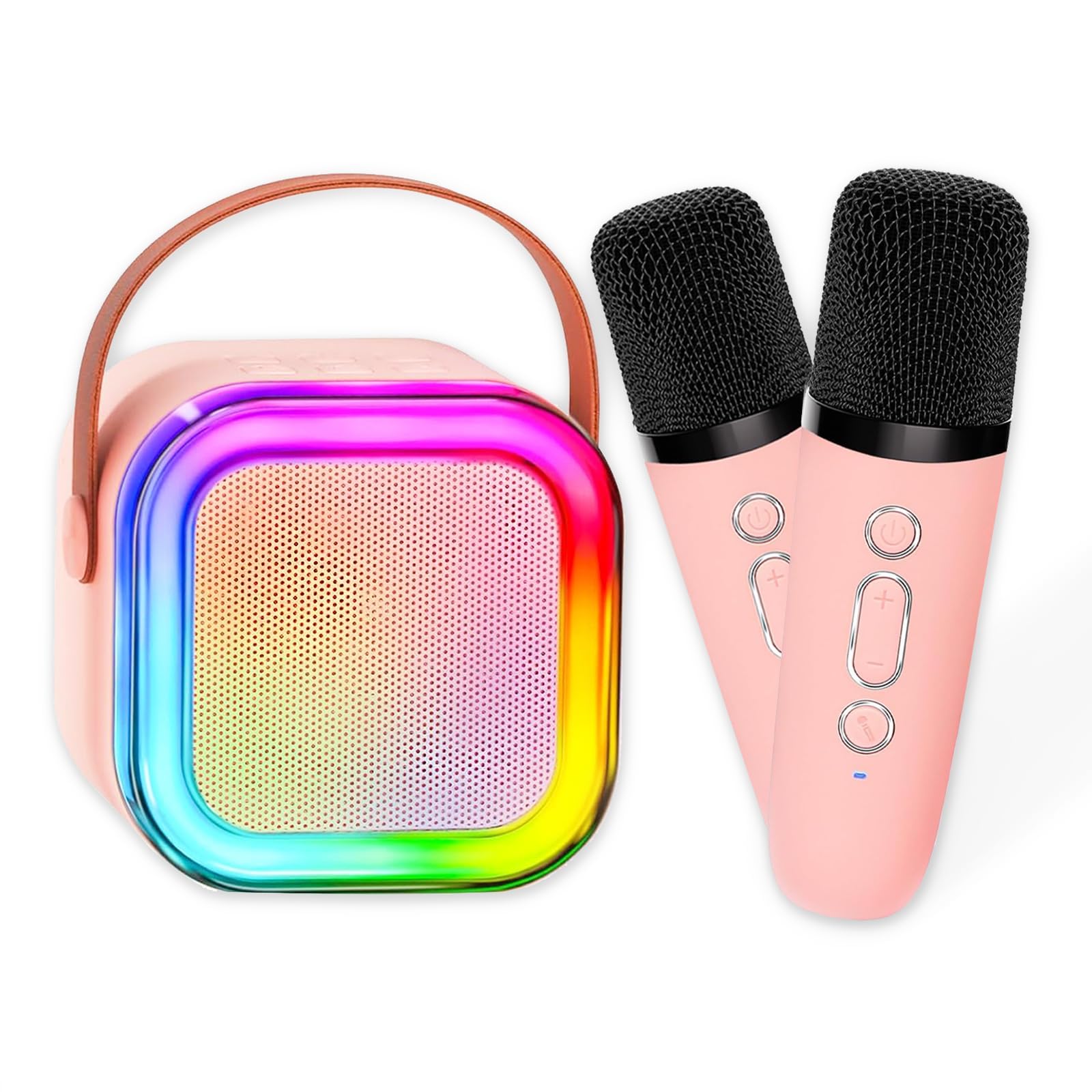 Mini Karaoke Machine for Adults and Kids, Portable Bluetooth Speaker with 2 Wireless Microphone, Led Lights Karaoke Gifts for Girls Boys Birthday Home Party - Pink
