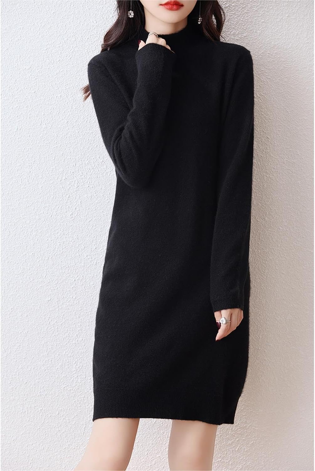 Ailaile 100% Merino Wool Sweater Dress Women's Long Sleeve Mock Neck Pullover Autumn Winter Knitted Long Jumper - Image 3