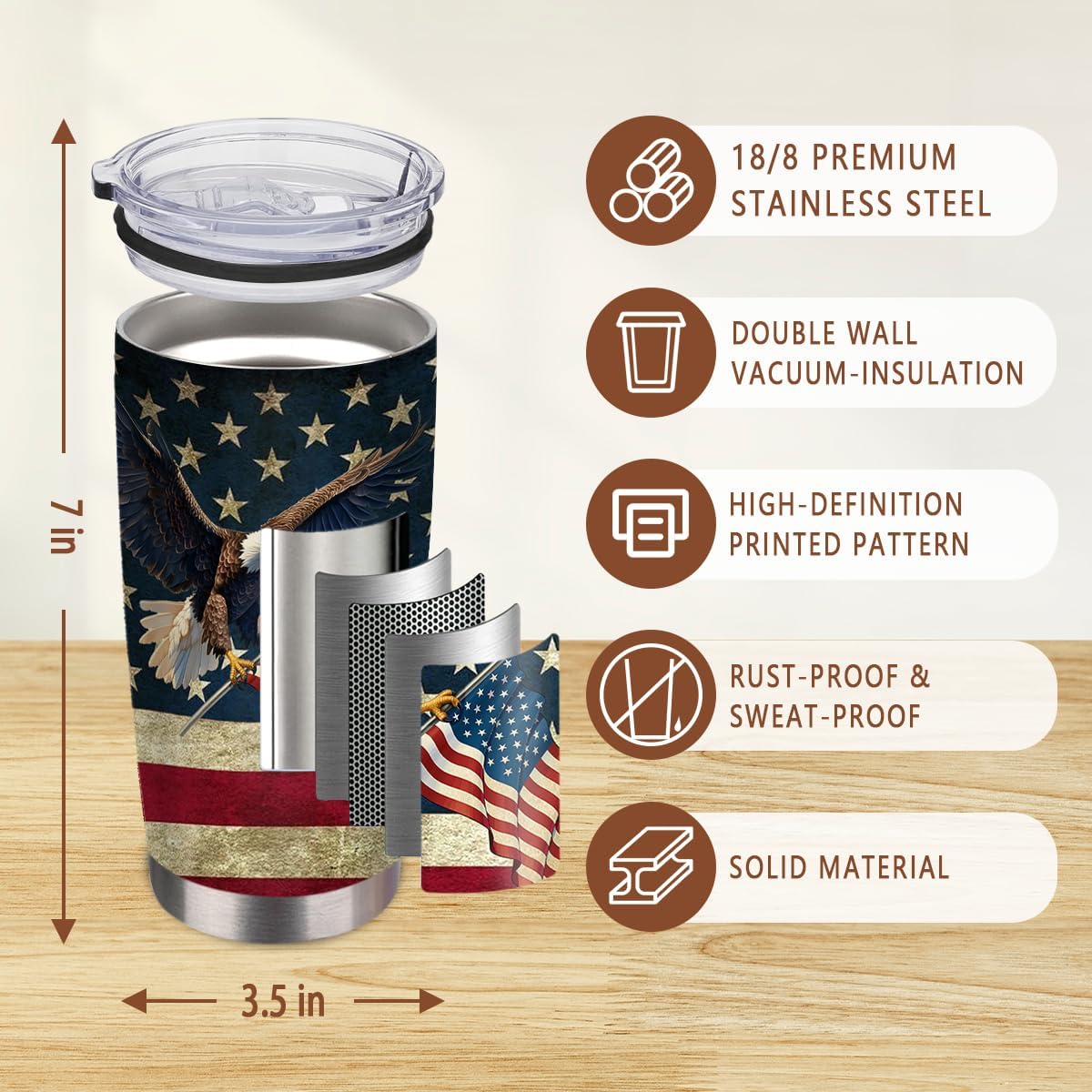 American Flag Tumbler, American Hawk Tumbler, 20 Oz USA Flag Tumblers with Brush & Straw, Gift for Independence Day Thanksgiving Christmas, America Gifts for Veterans & Military, 1 PCS - Image 4