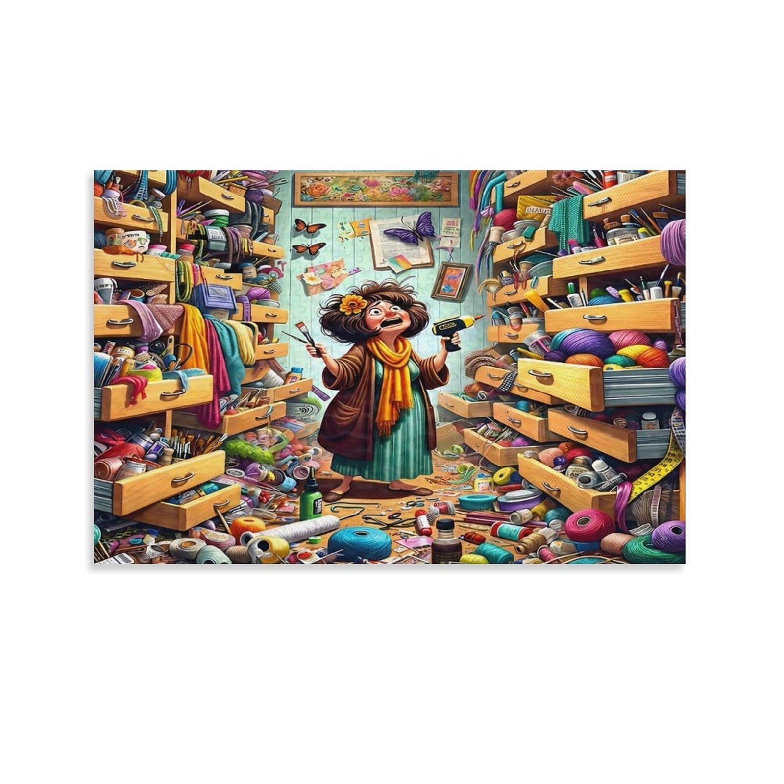 CPLVKWRQJ Craftswoman in Chaos Individual Woman in Cluttered Sewing Craft Room Canvas Wall Hanging - Office Wall Focal Art Fade Resistant Statement Piece Decor 12x18inch(30x45cm)