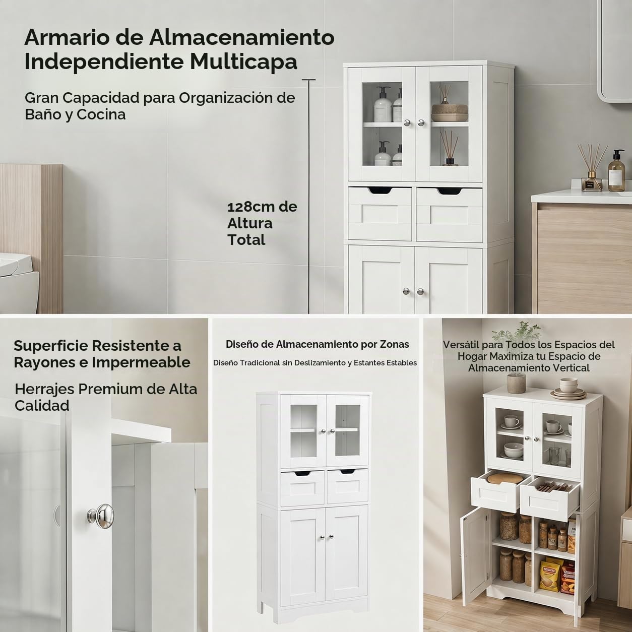 Armario Alto de Almacenamiento, Mueble de Baño, Baldas Ajustables, Panel de Partículas Melamínico Doble Cara de 15mm, Mueble Multiusos para Baño, Pasillo y Lavandería(Blanco, 60x30x128cm)