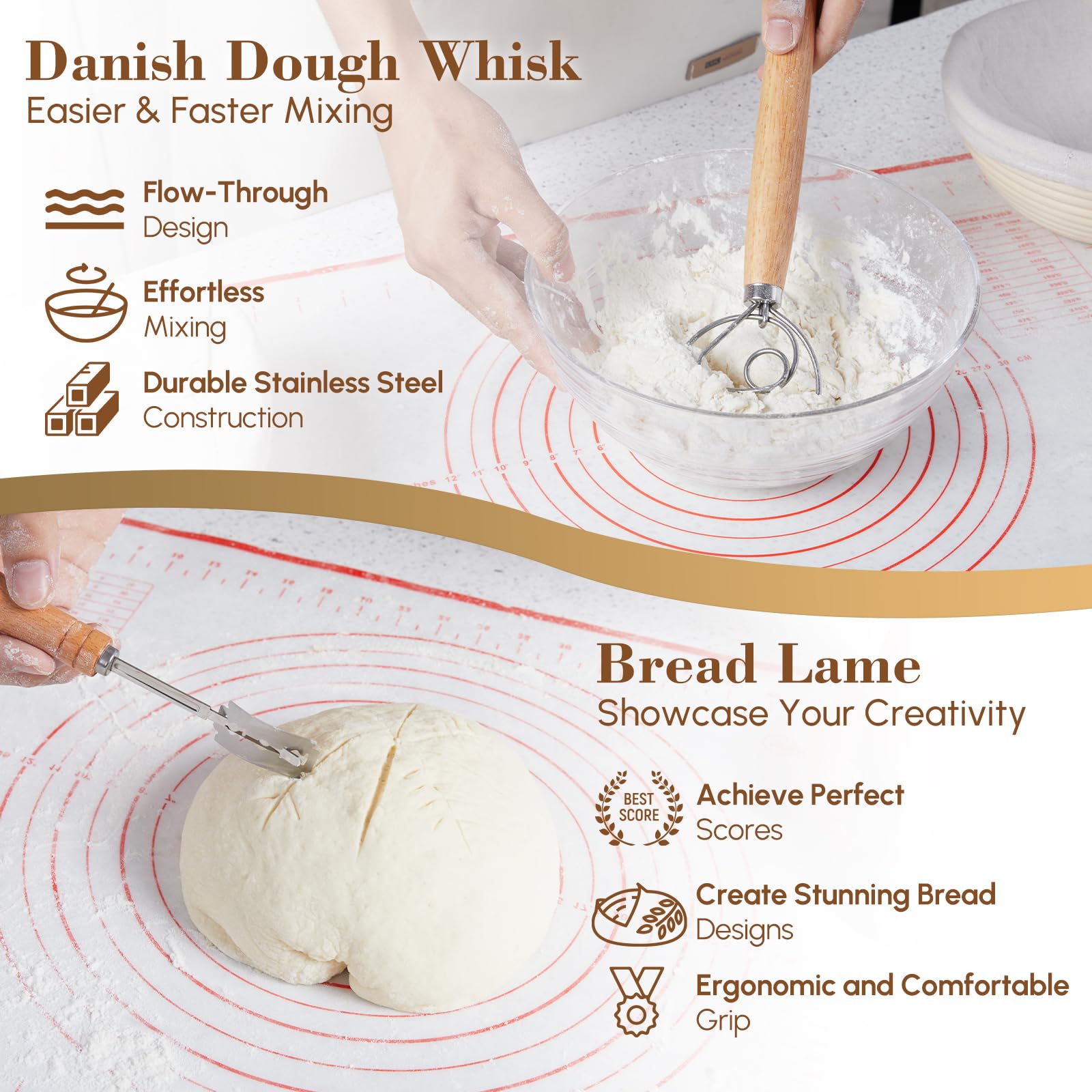 Set di 17 cestini per lievitazione del pane Banneton, rotondi da 22,9 cm e ovali da 25,4 cm, kit completo per la preparazione del pane, frusta danese, raschietto, raschietto per impasto, e lame per