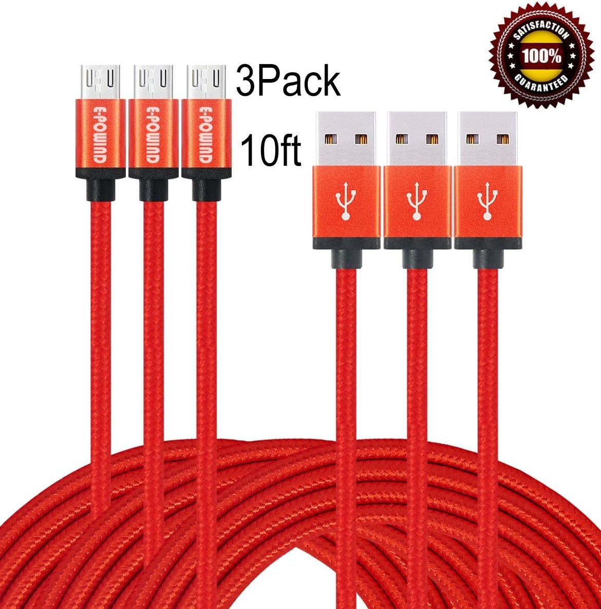 E-POWIND High Speed Nylon Braided Micro USB Charging Cable, 2 Pieces (10 Feet, 1 Piece 3 Feet) - Gray and White