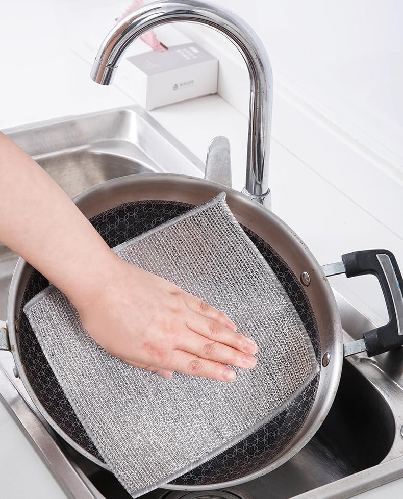Paños multiusos antiarañazos – Paños de cocina de malla plateada para limpieza y fregado de cocina
