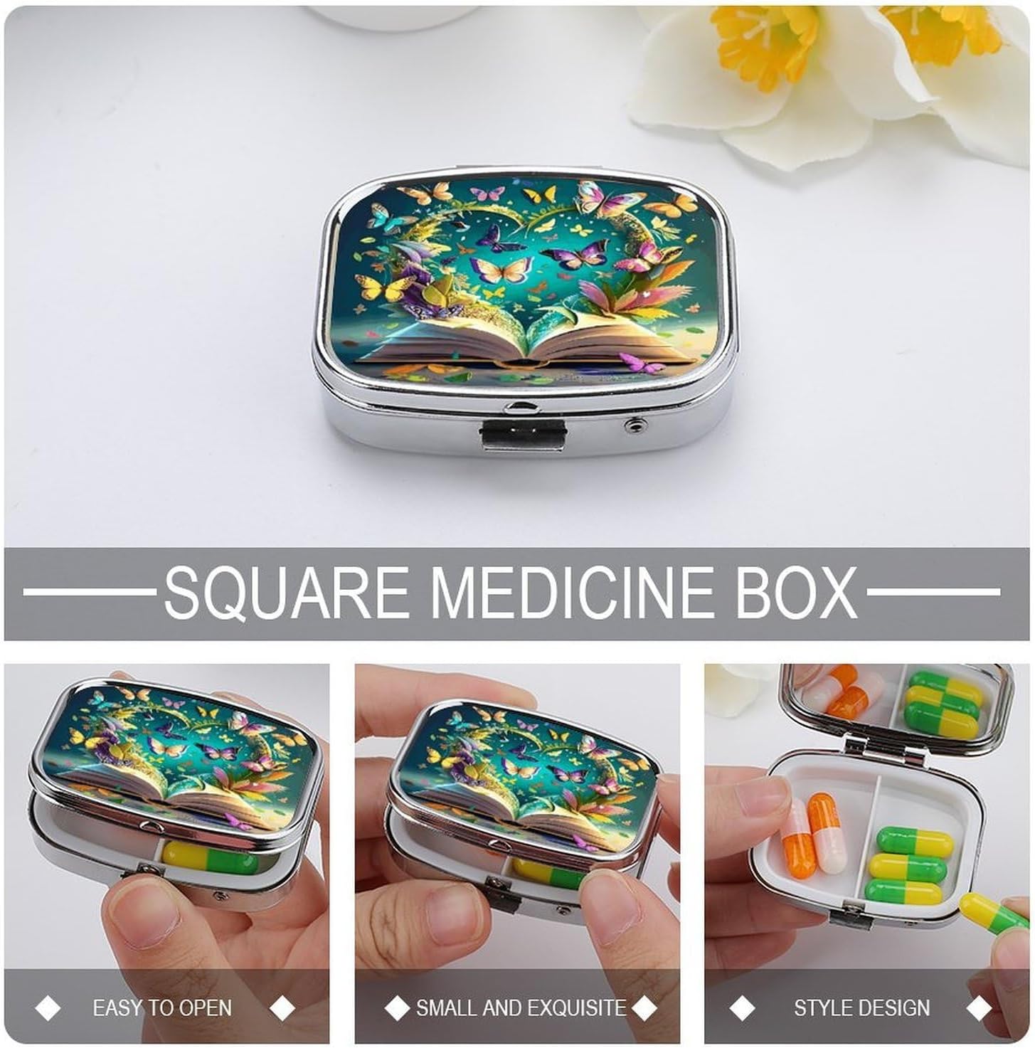 Book Butterfly Square Pill Box with 2 Compartments & Mirror image 3