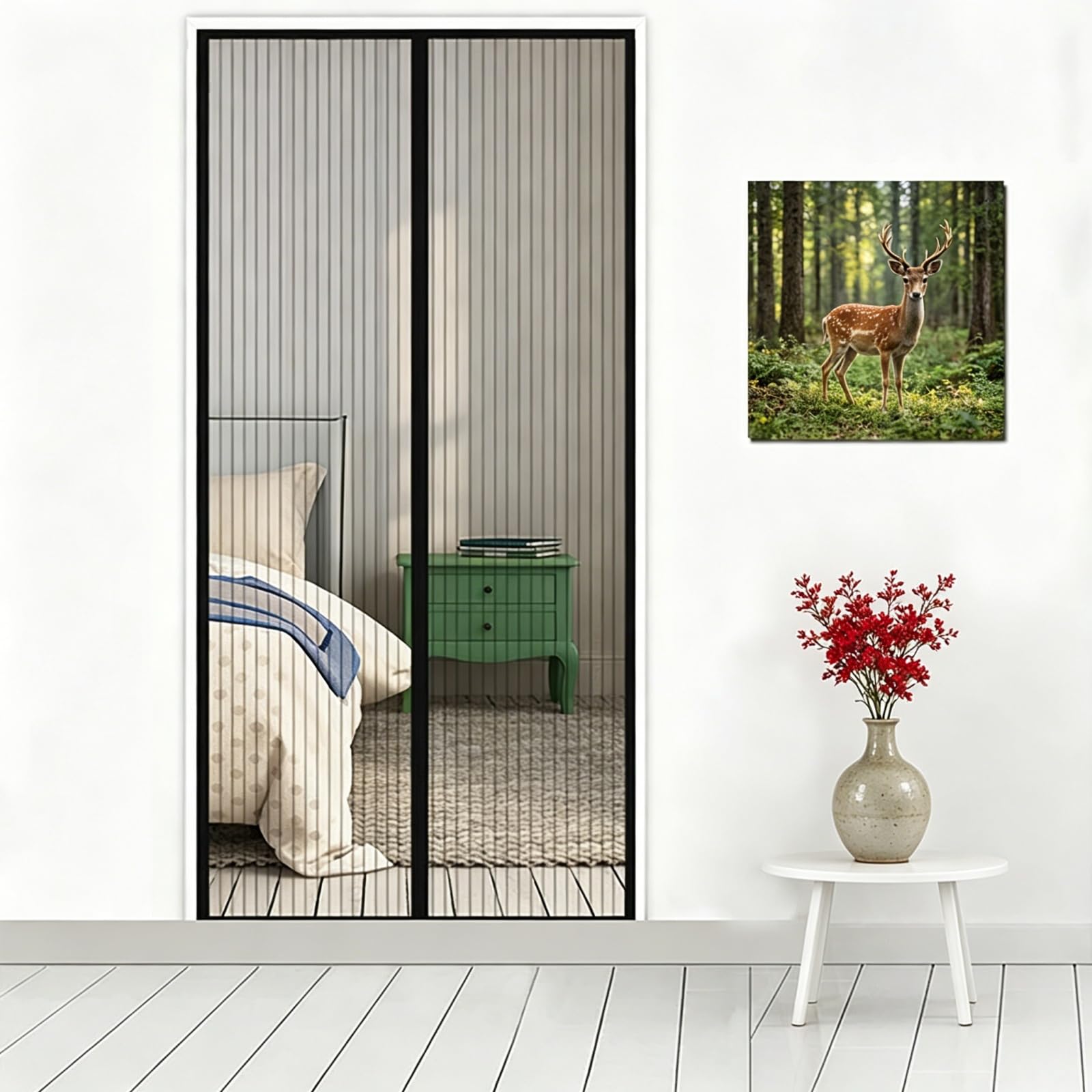 Fly Screens Doors Nets 108 x 214 cm with Powerful Magnets & Full Frame Magic Tape Fly Nets for Doors Easy to Install Without Drilling for Patio Balcony Bedroom, Black