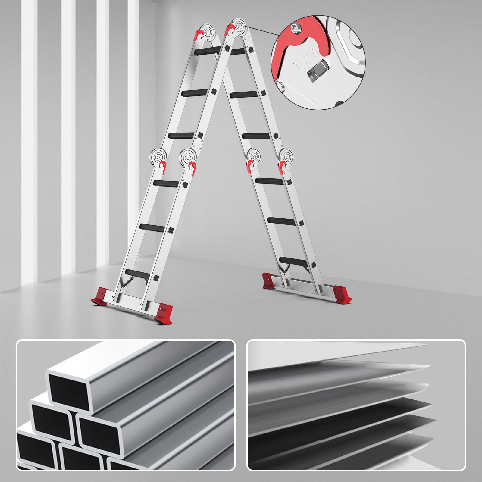 AMHANCIBLE Échelle Multifonction 3.4m Aluminium, avec 2 Plateaux de Travail | Échelle Pliante 4x3 Marches, Échelle Polyvalente Jusqu'à 150 kg, 7-en-1, pour Grenier, Maison, Bricolage Léger, EBAL01RD