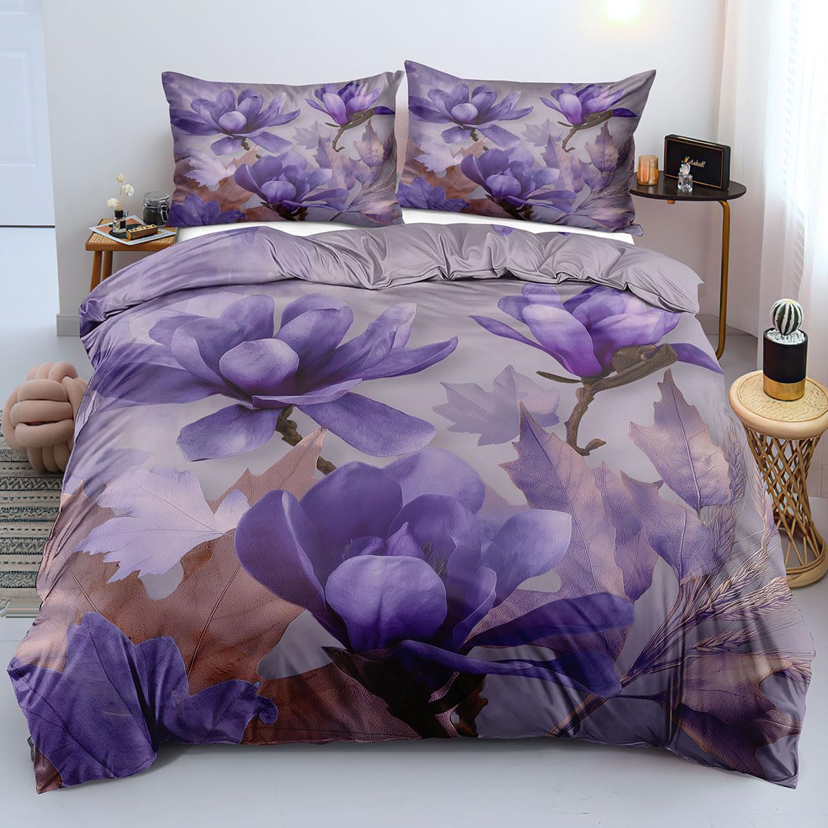 Housse de couette 140x200 motif floral violet fini haut de gamme et fermeture éclair discrète
