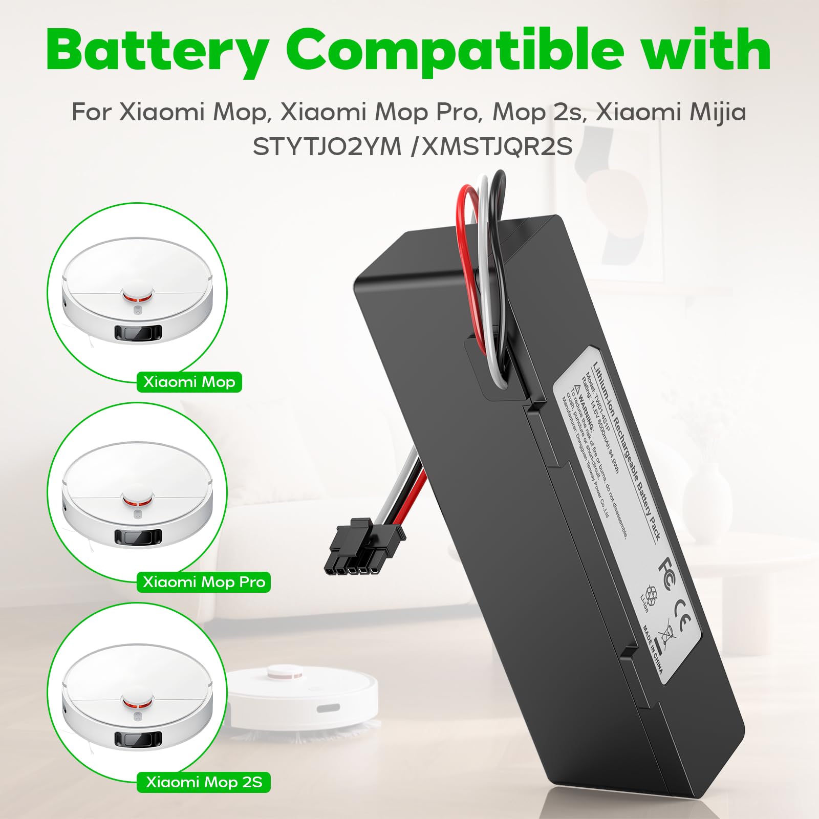 ASUNCELL Batteria agli ioni di litio da 6500mAh per Xiaomi Mop 2S / Mop Pro/Mop P Robot Aspirapolvere, Batteria di ricambio compatibile con Xiaomi Mijia STYTJ02YM / XMSTJQR2S Robot Aspirapolvere