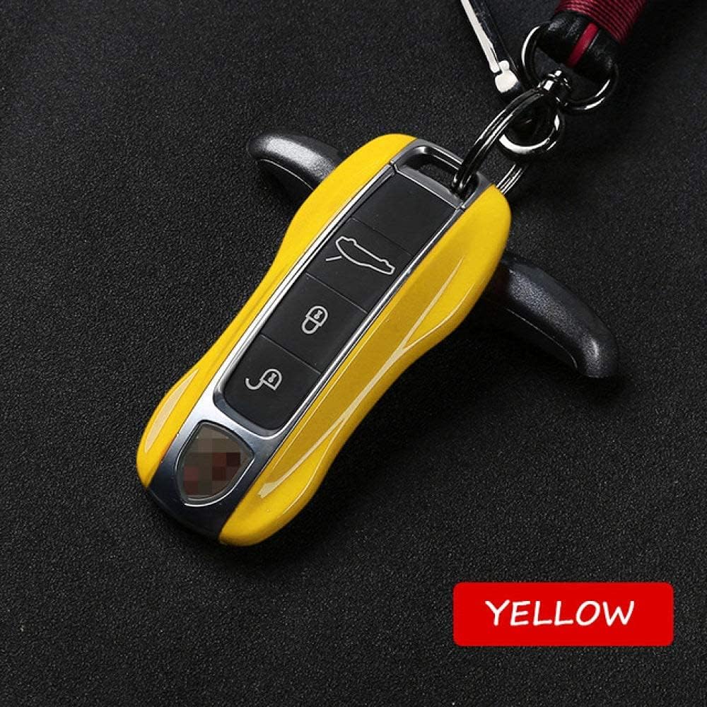 Smyongping ポルシェ 激安 超特価 マカン911パナメーラカイエン18交換用アクセサリー グリーンキーシェルのために車のキー カーボンファイバーケースカバーチェーン かわいい女の子の車のカーボンファイバーキーシェル Yellow Color