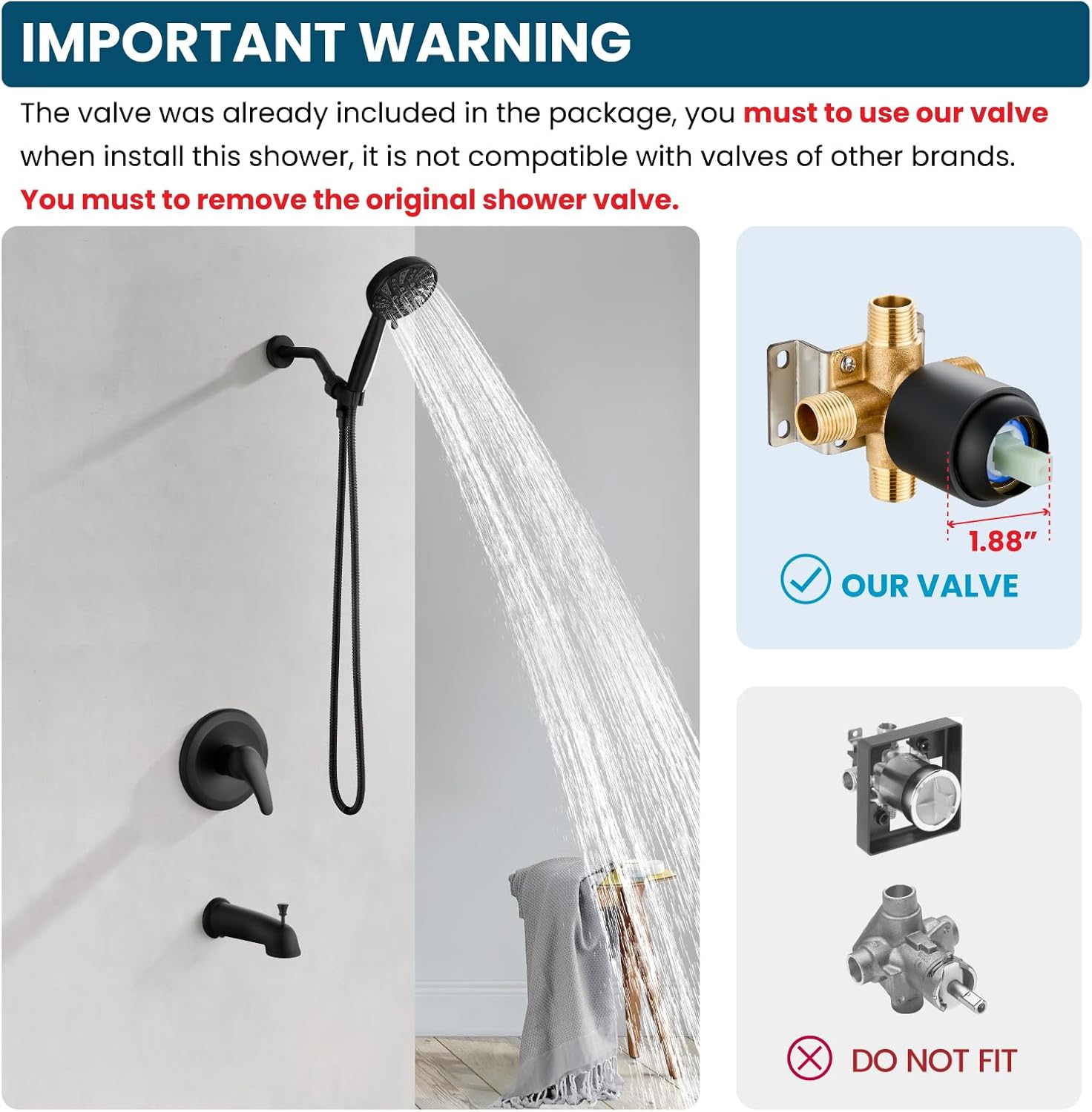 gotonovo Bathroom Shower Head Kit High Pressure Combo System Shower Faucet 6 Modes ABS Handheld Spray Shower Trim Kit Valve Included Shower Head and Handle Set Matte Black - Image 2