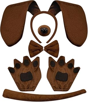 DysanVica Dog Long Ears Headband - 5PCS Dog Ears Headband Bowtie Nose Tail Puppy Paw Gloves for Adult Women Man Halloween Costume Floppy Animal Cosplay Party Accessories Set Brown