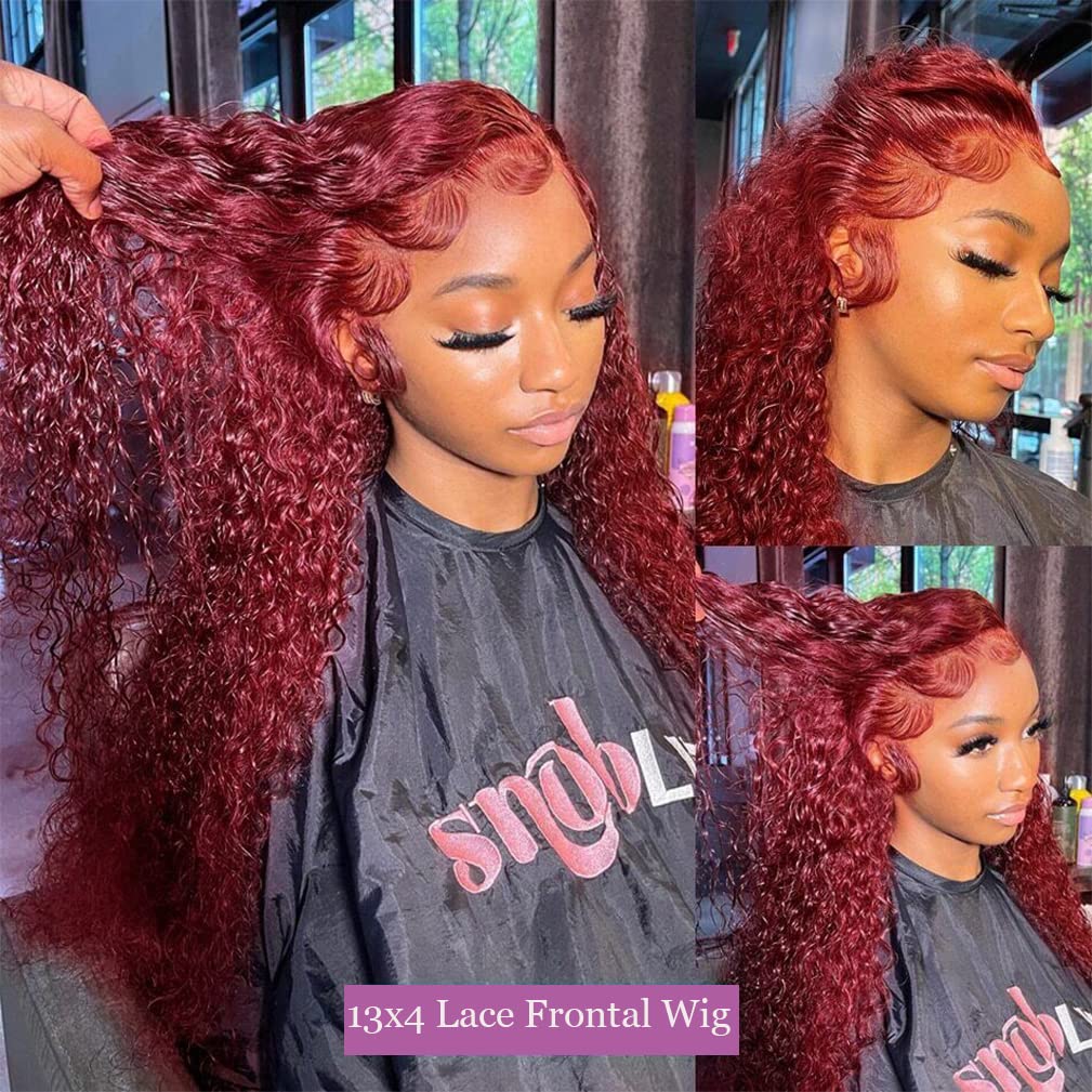 Burgundy Lace Front Wigs Human Hair 99j Deep Wave 13x4 Hd Lace Frontal Wigs for Black Women Human Hair Pre Plucked Deep Curly Wet and Wavy Red Colored (28 inch)