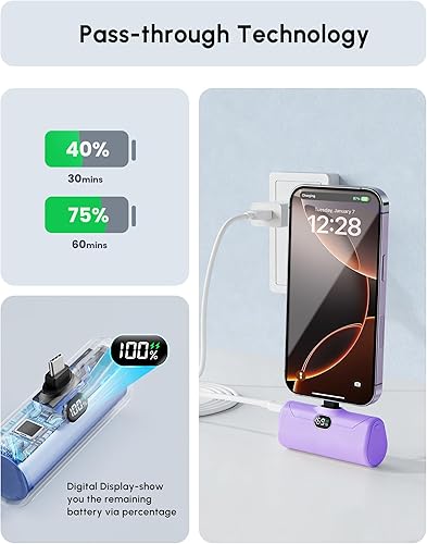 Miniatura 7 de Handy Purple USB C Power Bank Cargador de teléfono portátil con soporte, 5000 mAh Mini batería cargador de reserva con pantalla digital para iPhone