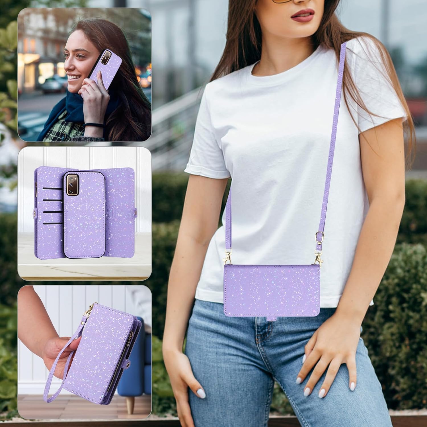 Asuwish Phone Case for Samsung Galaxy S20 FE 5G 6.5 inch Wallet Magnetic Detachable Cover with Screen Protector and Glitter Flip Cell S 20 EF UW 2022 S20FE5G S20FE 20S S2O Fan Edition 4G G5 Purple