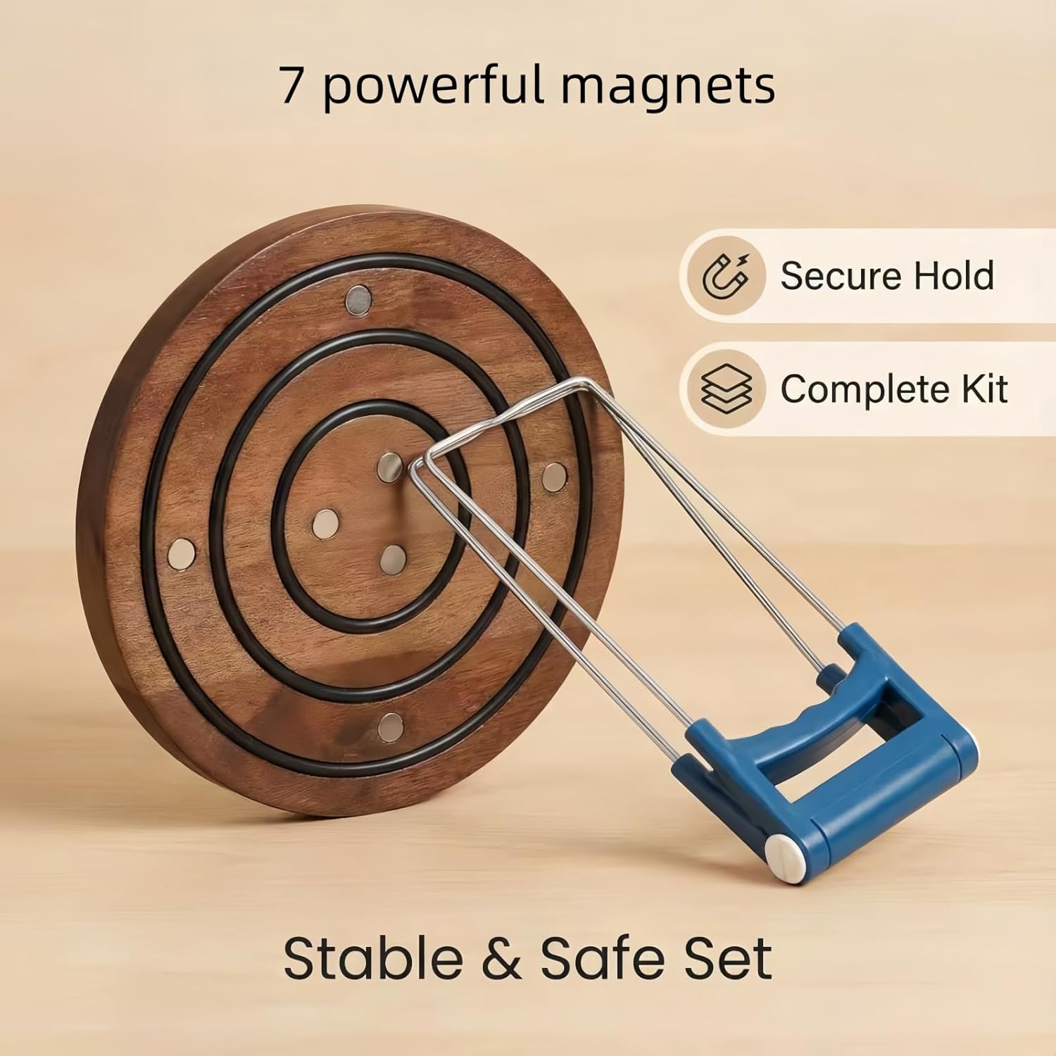 Magnetic Wooden Trivet with 7 Strong Magnets & Pot Clip - 8 Inch Heat Resistant Acacia Wood Holder with Non-Slip Silicone Rings for Hot Pots and Pans, Stovetop to Table.