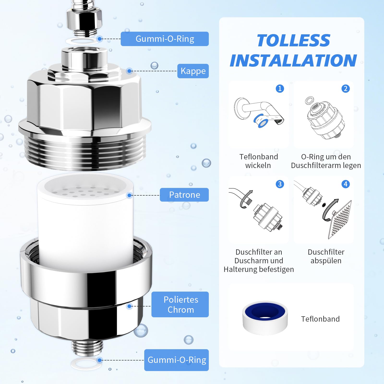-SR SUN RISE Shower Filter & Duschfilter 20-Stufen mit 3 Filterpatronen - Wasserfilter Dusche gegen Kalk/Chlor/Fluorid verbessert Haut- & Haargesundheit - Chrom