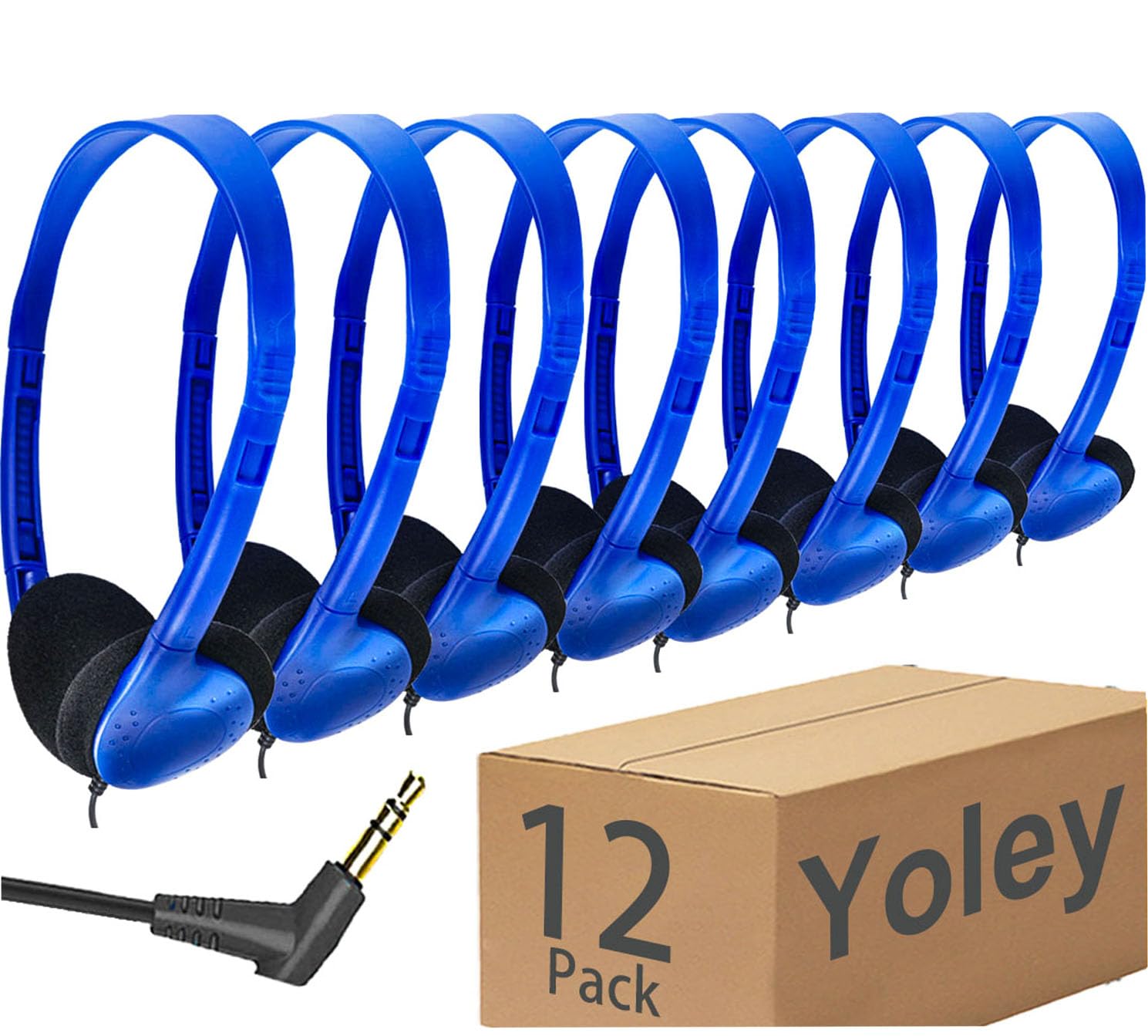 Yoley Classroom Headphones Bulk 12 Pack Class Set for School Students Kids and Adult -Sturdy Wired 3.5mm Plug (Blue, 12 Pack)