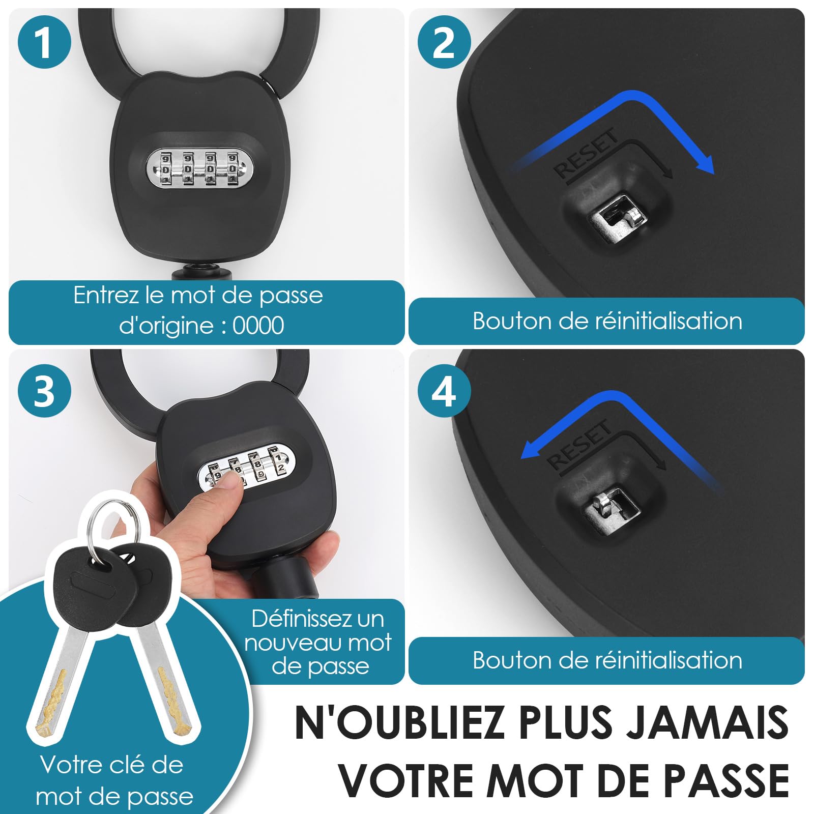 Antivol Trotinette Electrique, Cadenas avec Serrure à Code à 4 Chiffres, Compatible avec Trottinettes, Vélos, Poussettes, Bicyclette, Noir