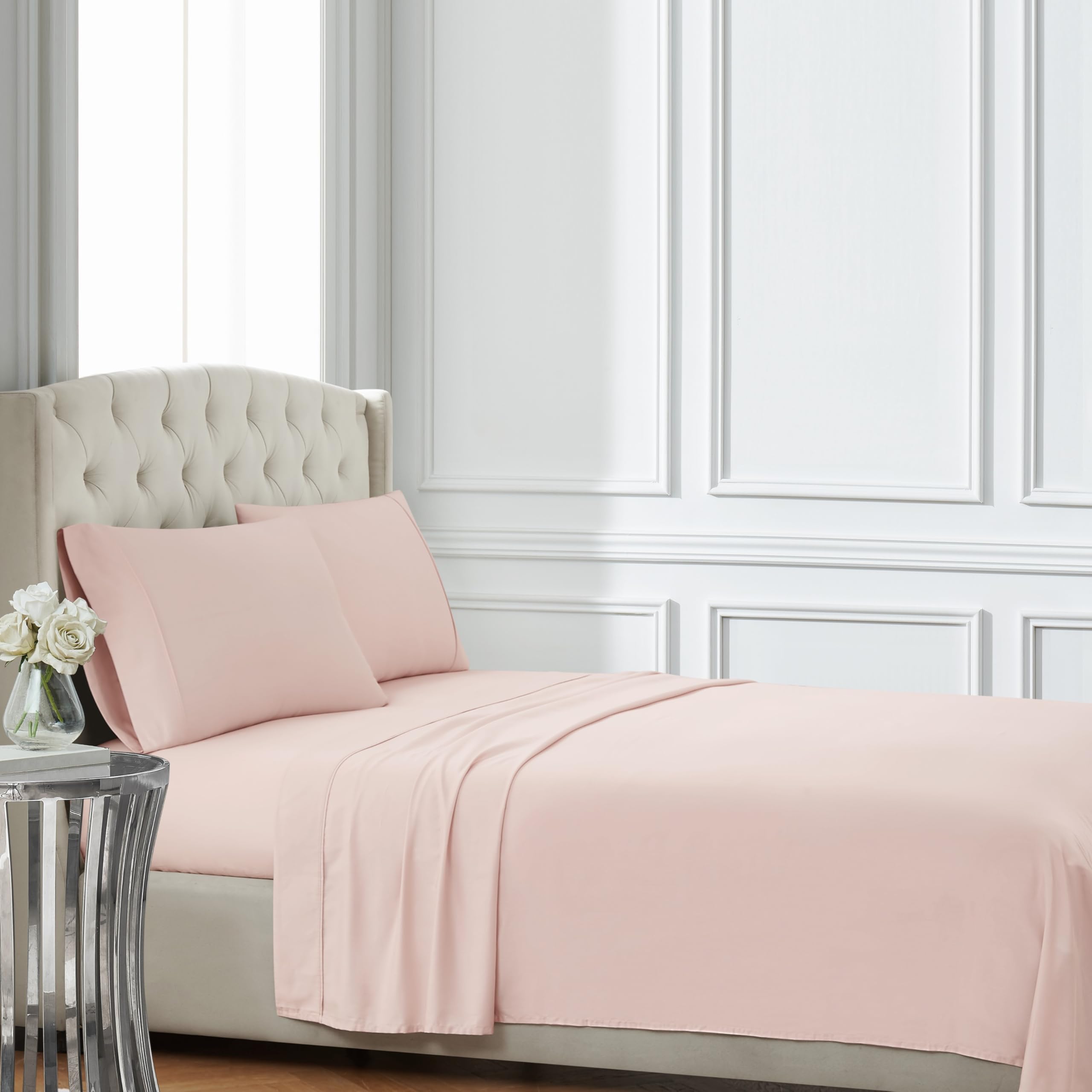 Parure de lit 4 pièces en satin de coton Badgley Mischka de luxe pour très grand lit uni