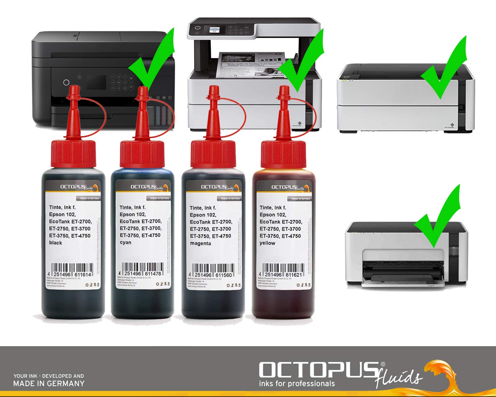 Octopus Fluids Tintenset kompatibel mit Epson 102, 4 x 1 L