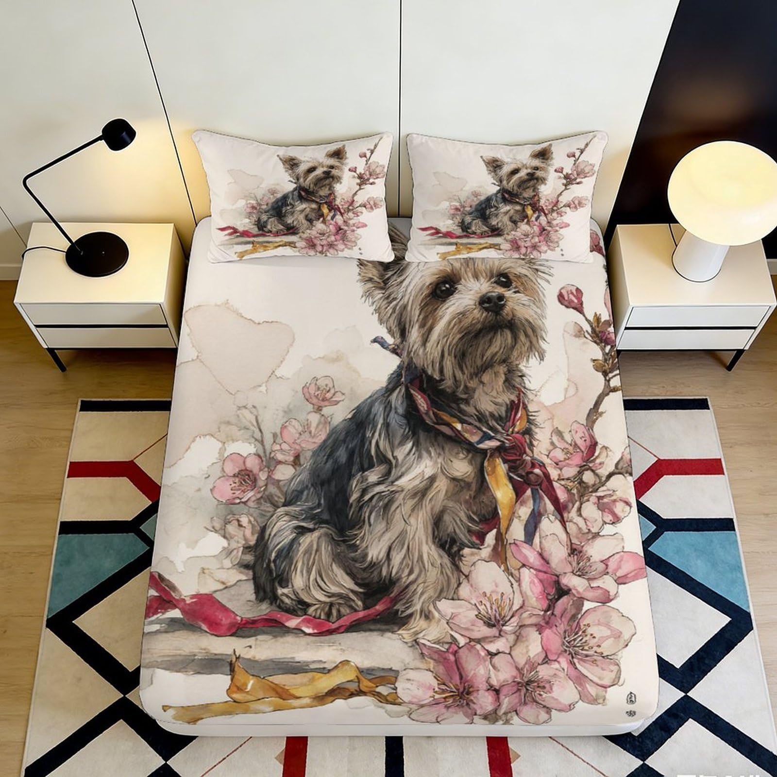 3D Printed Yorkshire Terrier Fitted Sheet Microfiber Soft Durable Floral Dog Bed Cover for Bedroom Dormitory Guest Room Mattress Protection 160x200x25cm