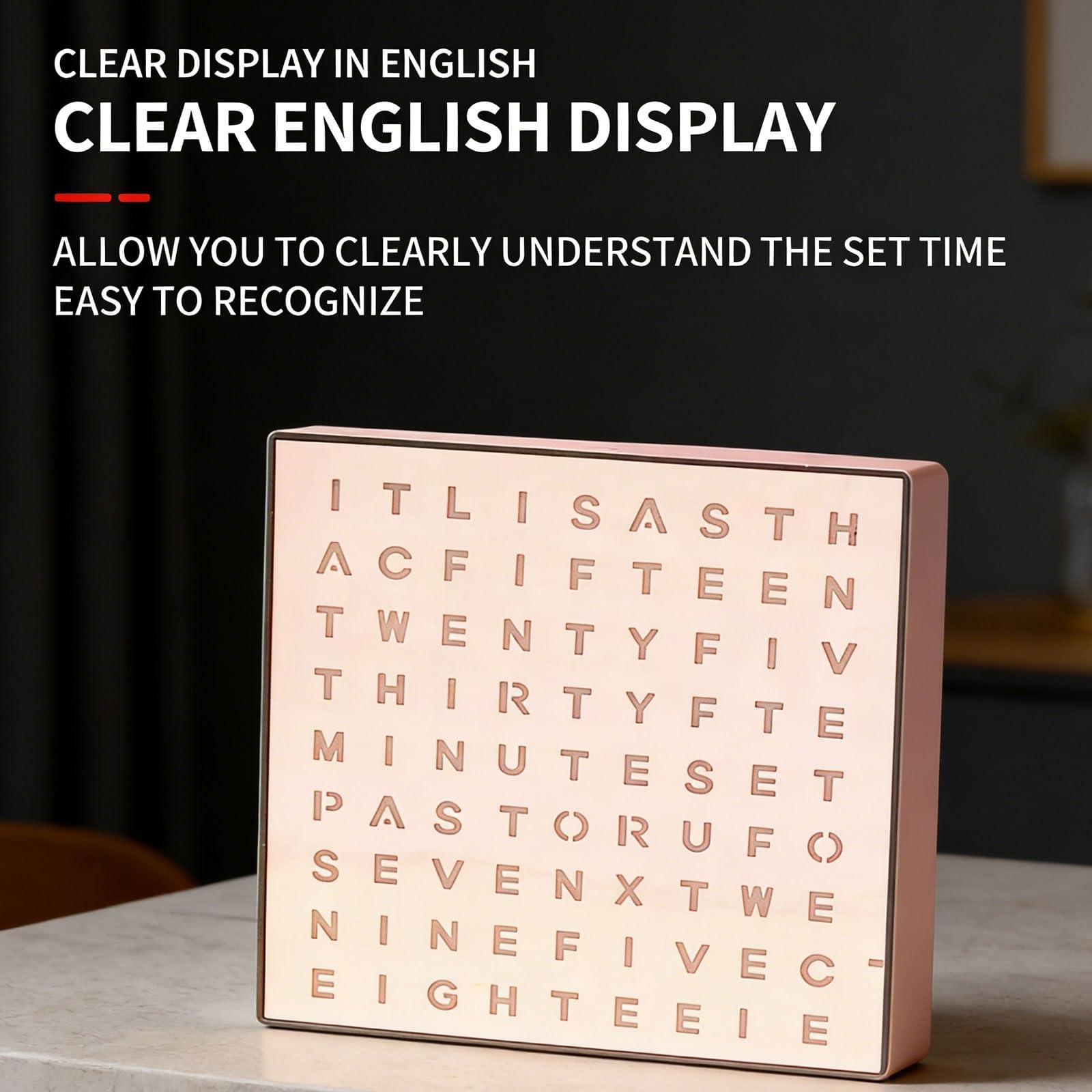 Reloj digital LED con palabras, escritorio iluminado y pantalla de pared, brillo ajustable, formato de hora moderno para decoración del hogar y la oficina