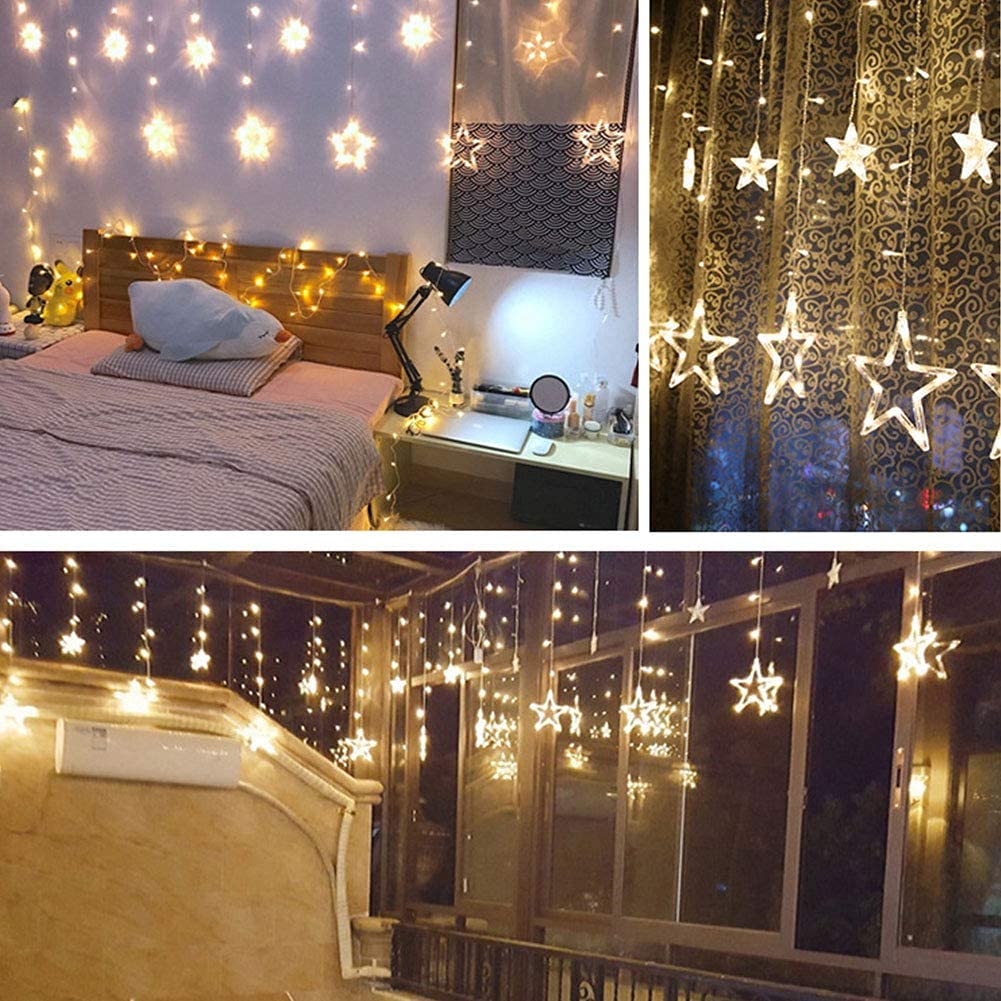 Luces de cortina de Navidad con 12 estrellas, 138 LED, cadena de luces de estrella funciona con pilas, luces LED para ventana, luces de hadas para Navidad, boda, fiesta, (blanco cálido)