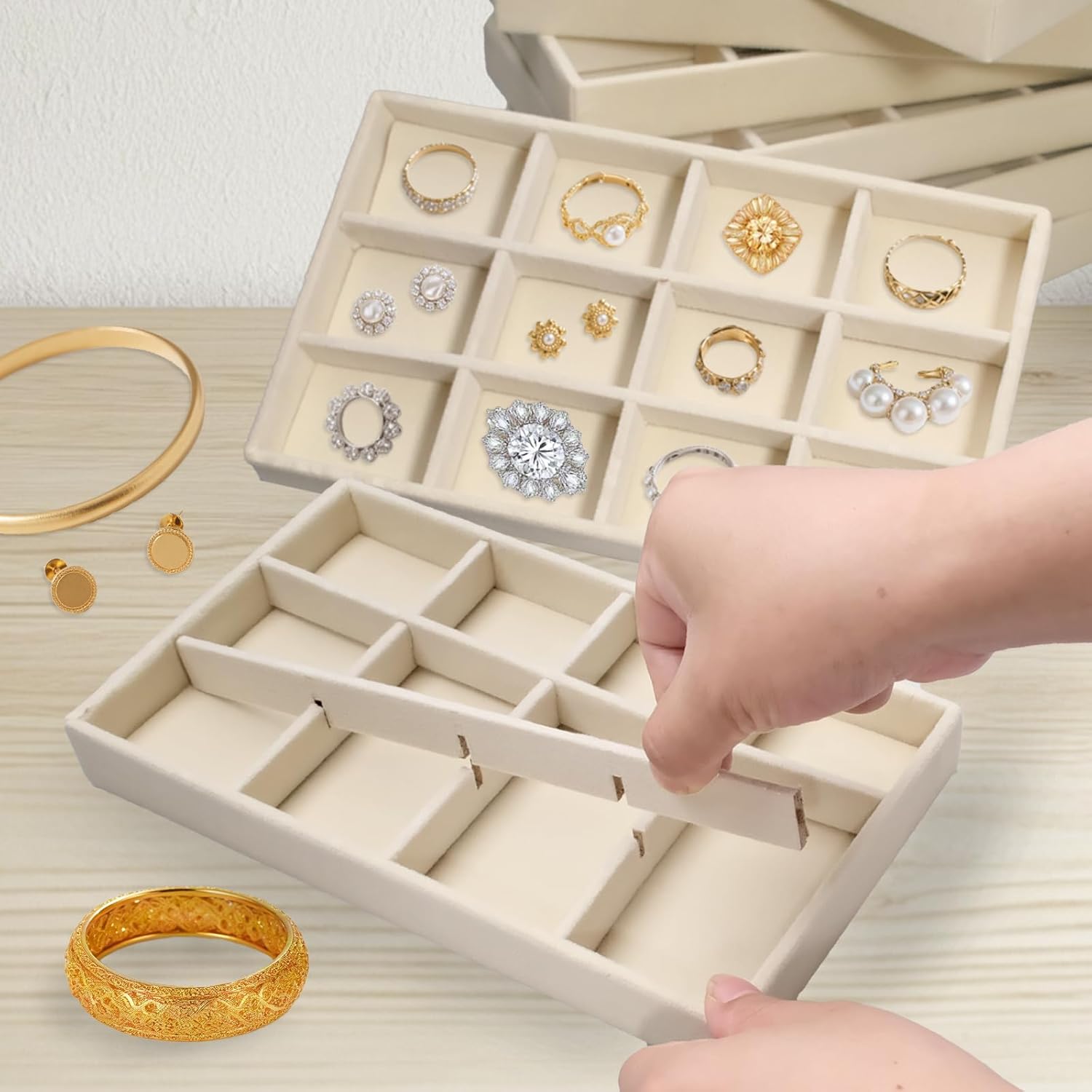 12 Pcs Small Velvet Jewelry Trays 8.3 x 4.7 x 1 inch 12 Grids Stackable Storage Trays Drawers Organizer for Ring Earring (Beige) - Image 5