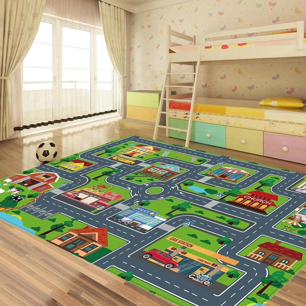 Upgrade Ultra Non Slip Kids Car Rug, Kids Road Playmat Rug for Toy Cars, Educational Town City Map Washable Carpet for Boy Playroom Bedroom, Safer Car Track Play Mat for Children Baby Toddler, 60"x36"