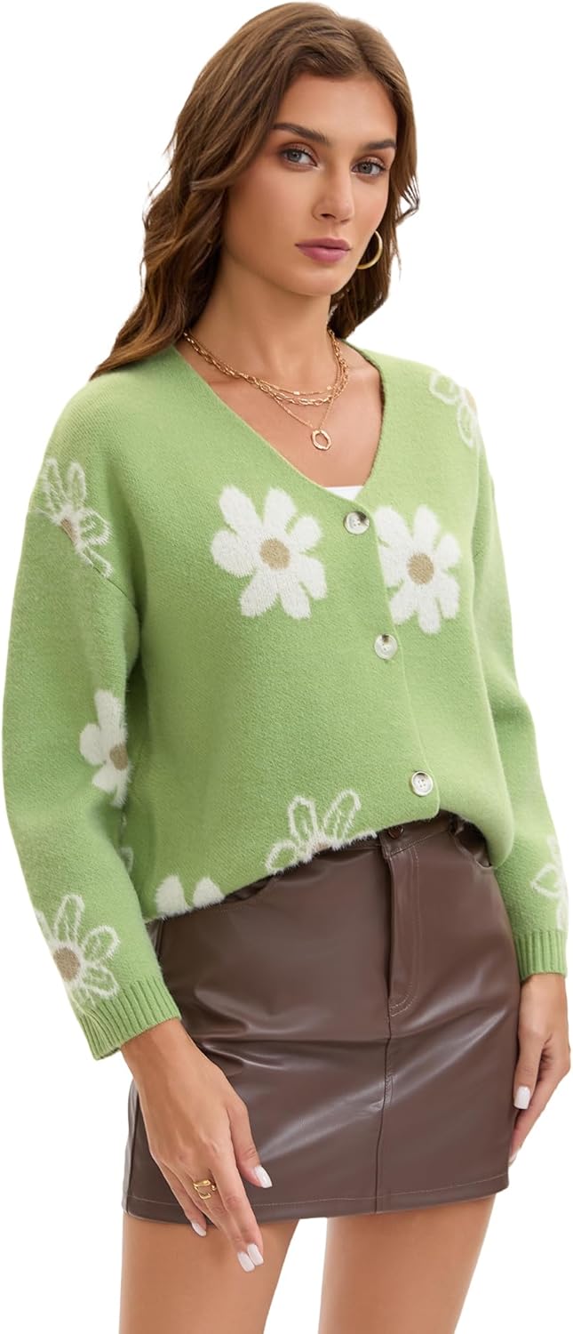 Cardigan Sweaters for Women Button Down Open Front V Neck Floral Print Long Sleeve Knit Outerwear Fall Outfits 2025 - Image 3