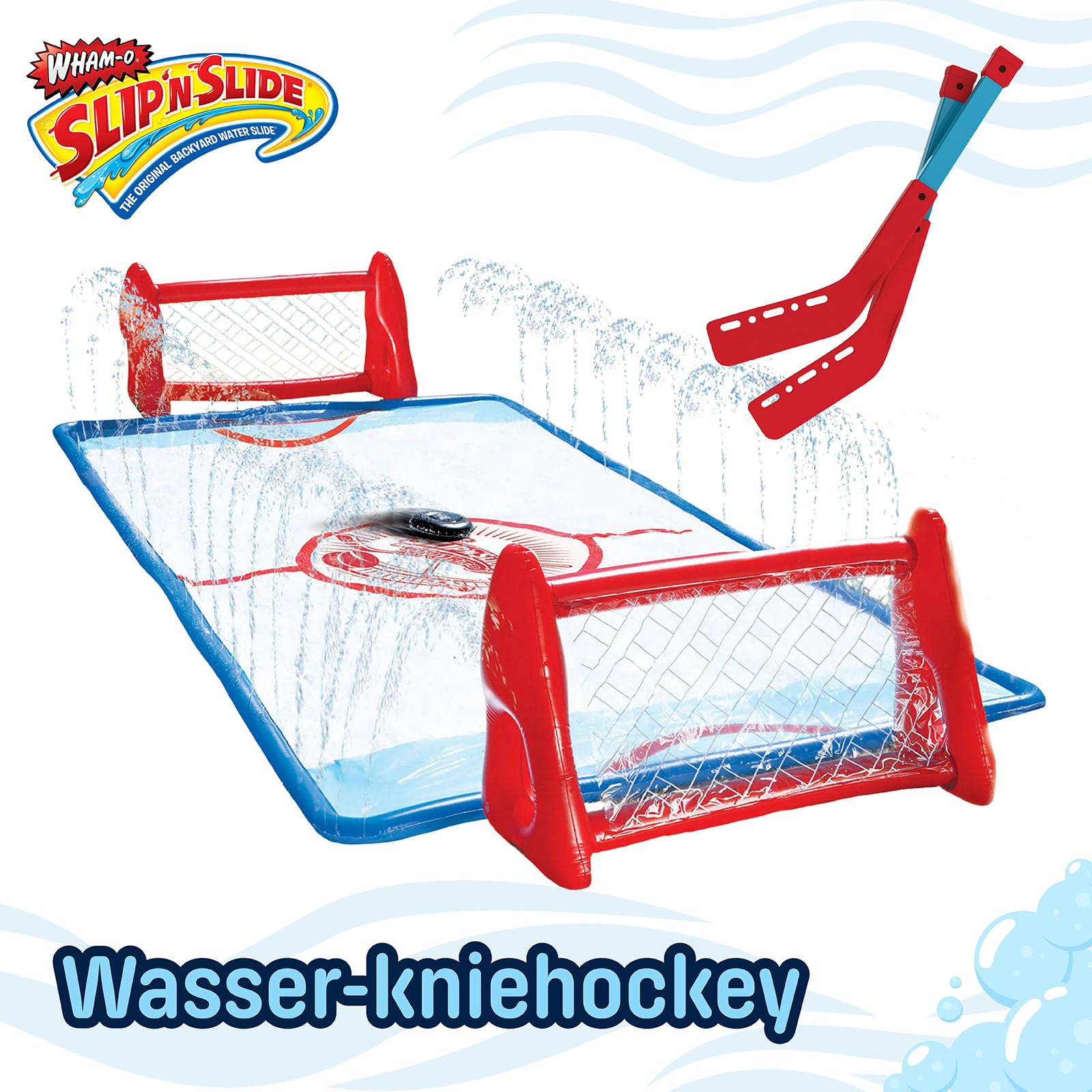 Wham-O Slip N Slide Wasser-Kniehockey-Set mit 2 aufblasbaren Toren, 2 Schlägern und 1 Puck