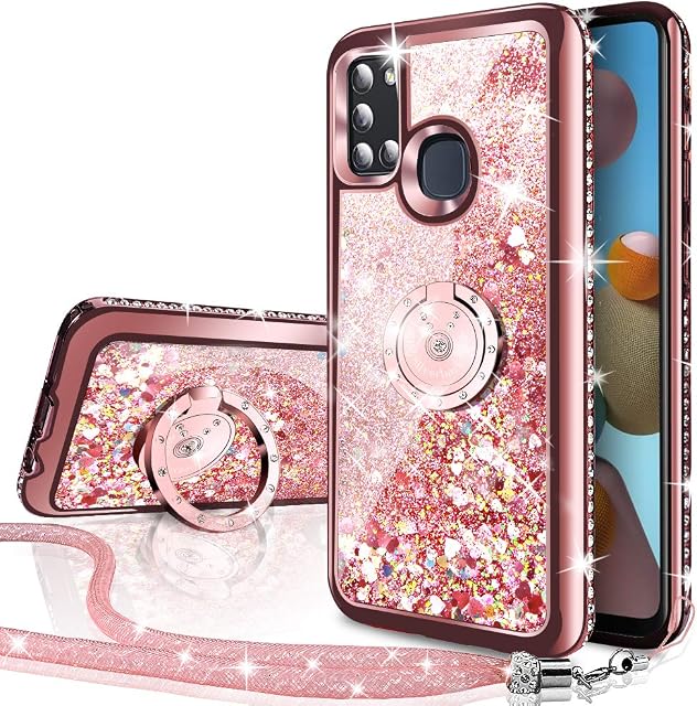 Miss Arts Galaxy A21S Case, [Silverback] Moving Liquid Holographic Glitter Case With Kickstand, Girls Women Bling Diamond Ring Slim Protective Cover for Samsung Galaxy A21S -Rose Gold