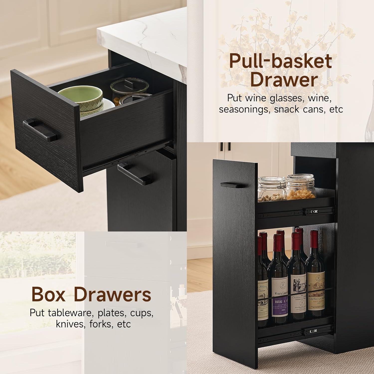 Kitchen Island Table, 59-Inch Modern Counter Height Pub Table w/Pull-Basket Drawer, 3-Tier Shelves, Bar Table w/1.5" Thick Marble Tabletop, Home Coffee Bar Unit for Dining Living Room Balcony Bistro