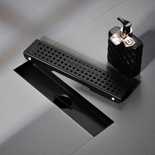 Miniatura 7 de Drenaje lineal de ducha rectangular de 12 pulgadas, rejilla extraíble con patrón cuadrado, negro mate, acero inoxidable SUS 304 de grado