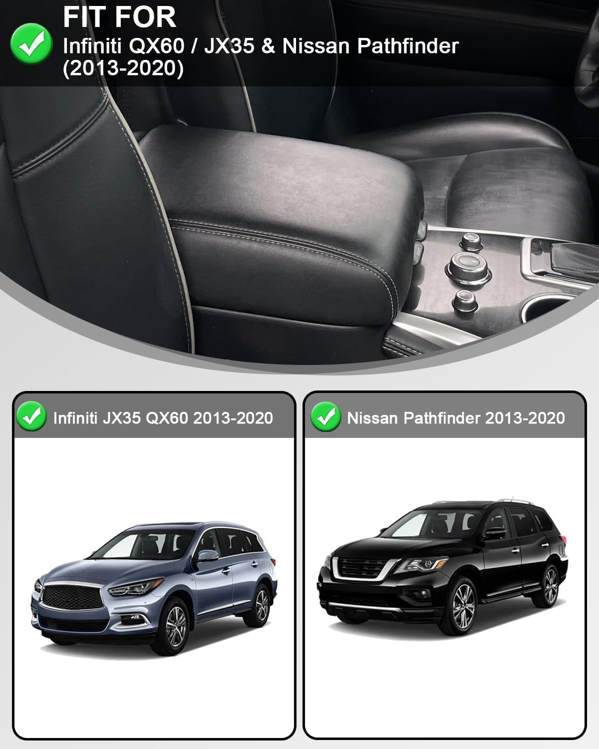Center Console Armrest Cover for 2013-2020 Infiniti QX60 JX35/Nissan Pathfinder, PU Leather Middle Console Lid Protector Arm Rest Cushion Anti-Scratch Thick Pad