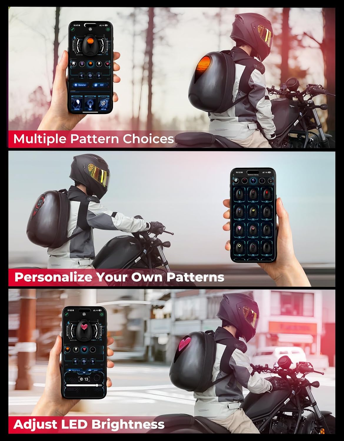 KEMIMOTO LED Backpack Helmet Bag Motorcycle Backpacks For Men Hardshell Reflective Backpack With Bluetooth App Control Large Capacity Expandable Travel Riding Gear (Power Bank Not Included) - Image 2