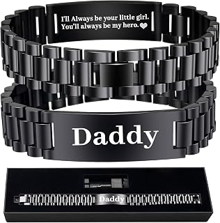 Gifts for Men Dad Personalized Engraved Stainless Steel Link Bracelet - Masculine Watch Band Style - Gift for Fathers Day Birthday Anniversary Father Husband Grandpa Son Boyfriend