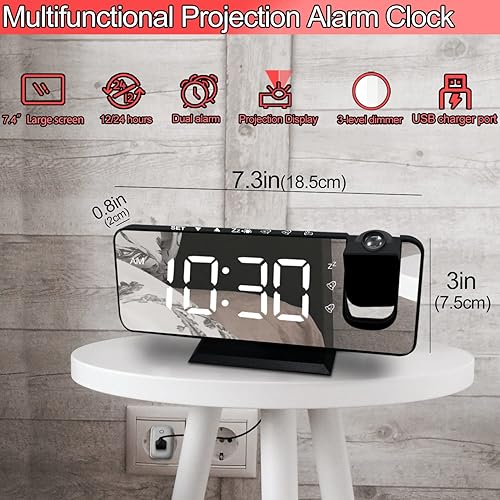 Miniatura 2 de Reloj despertador de proyección para dormitorio, reloj despertador LED grande de 7.4 pulgadas con proyección en techo, proyector de 180, cargador