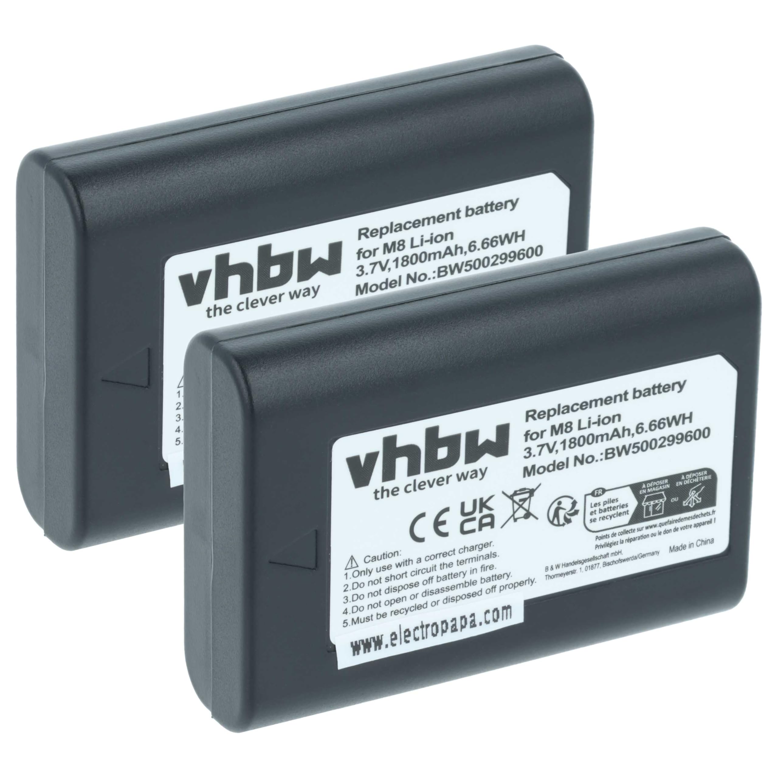 vhbw 2 x akumulator kompatybilny z aparatem Leica M8, M8.2, M9, M9-P, M-E (1800 mAh, 3,7 V, litowo-jonowy)