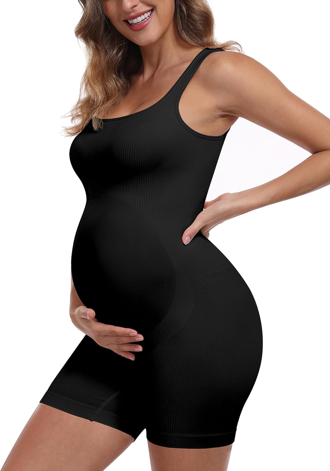 OLCHEE Womens Maternity Workout Romper Seamless Ribbed Square Neck Pregnancy Jumpsuit Summer Sleeveless Yoga Bodysuit Shorts